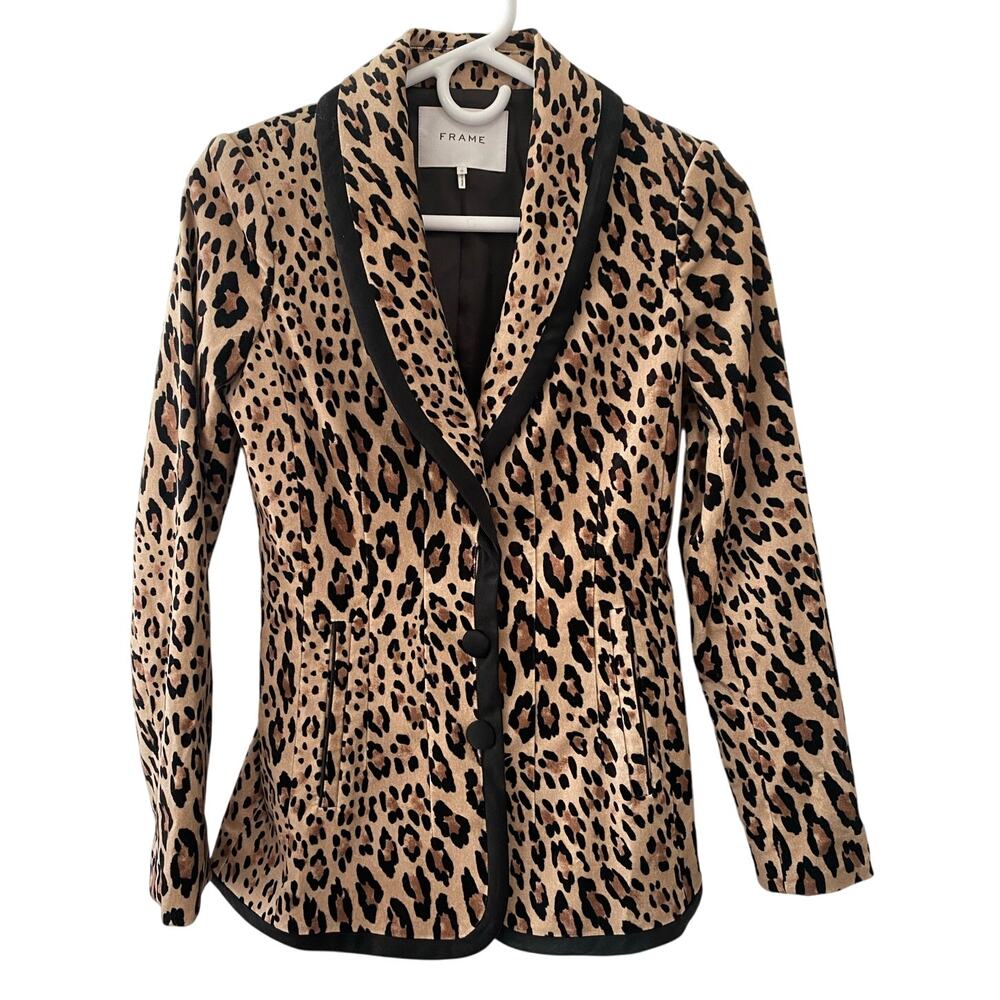 FRAME Velvet Leopard Blazer Jacket Satin Trim Brown Black 3 Button Size 0